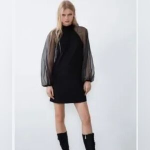 Zara Dress Sheer Puff Long Sleeves Bow Tie Size M